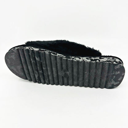 Dr Scholls Staycay OG Black Faux Fur Womens Slippers Open Toe Sandals