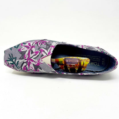 Toms Classics Grey Floral Womens Slip On Casual Canvas Flat Shoes