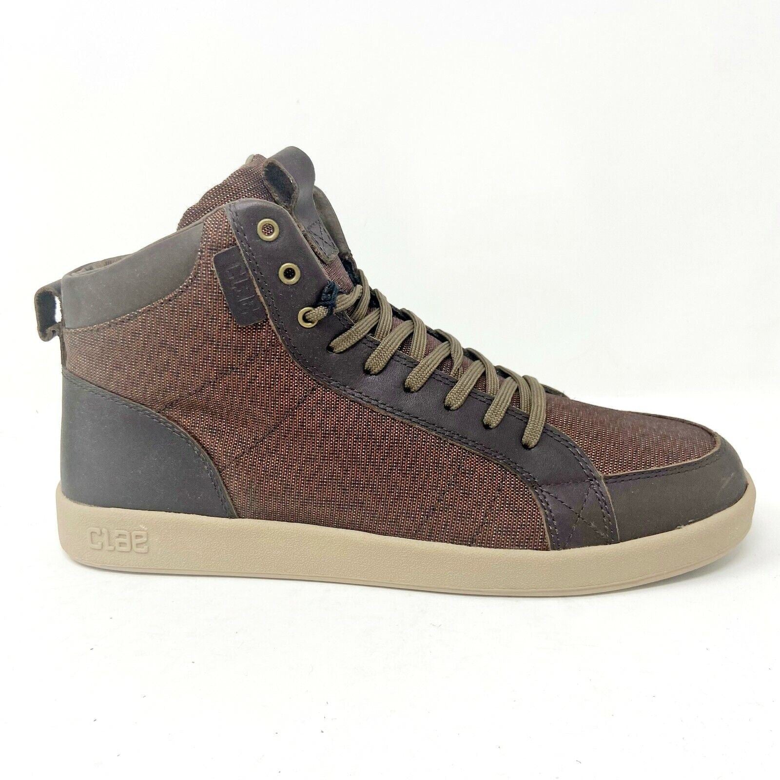 Clae Russell Umber Leather Nylon Canvas Brown Mens Premium Casual Sneakers