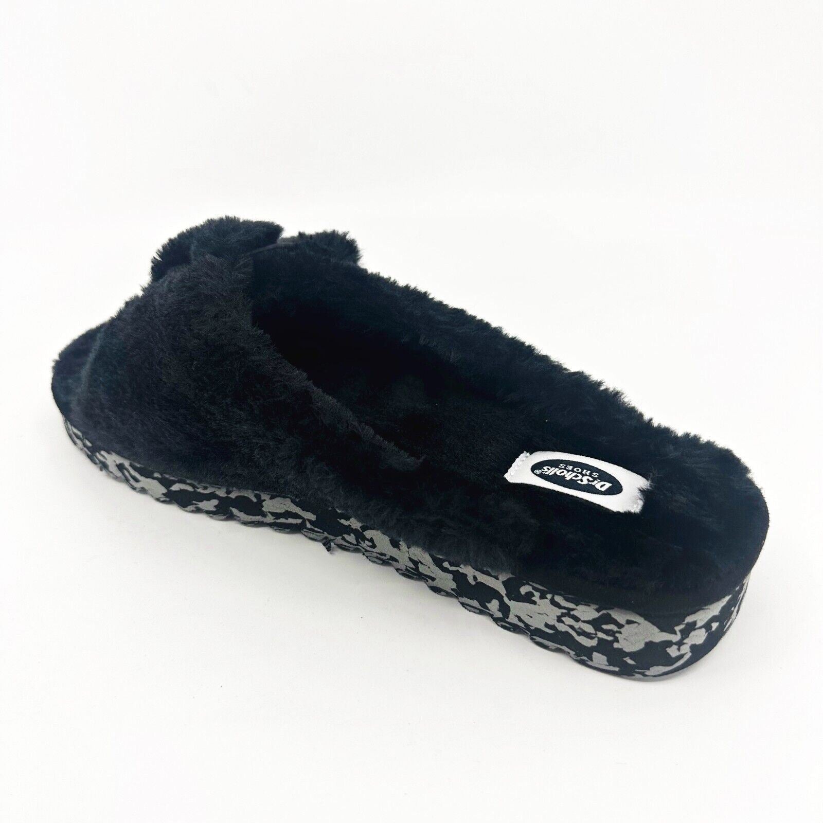 Dr Scholls Staycay OG Black Faux Fur Womens Slippers Open Toe Sandals