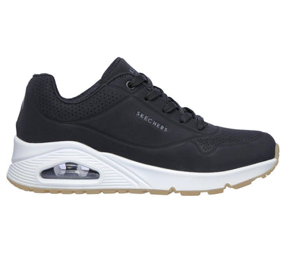 Women's Wide Fit Skechers 73690 Uno Stand On Air Walking Street Wear Trainers - Black/White