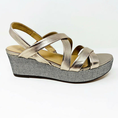 Naturalizer Unique Light Bronze Leather Womens Strap Wedge Sandals