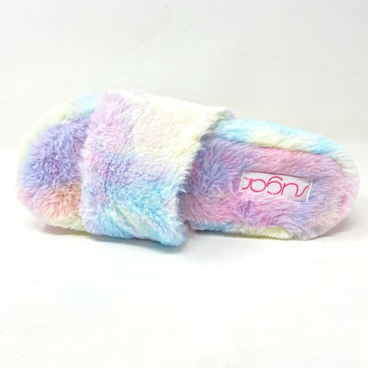 Sugar Wryde Tie Dye Platform Womens Fluffy Slip On Fur Warm Slipper Sandals