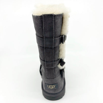 UGG Maddi Charcoal Gray Kids Girls Buckle Suede Shearling Boots 1001520 CHRC